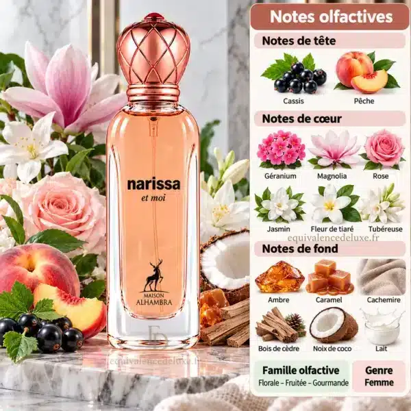 Notes olfactives Narissa et Moi : cassis, pêche, rose, jasmin, caramel, coco et lait