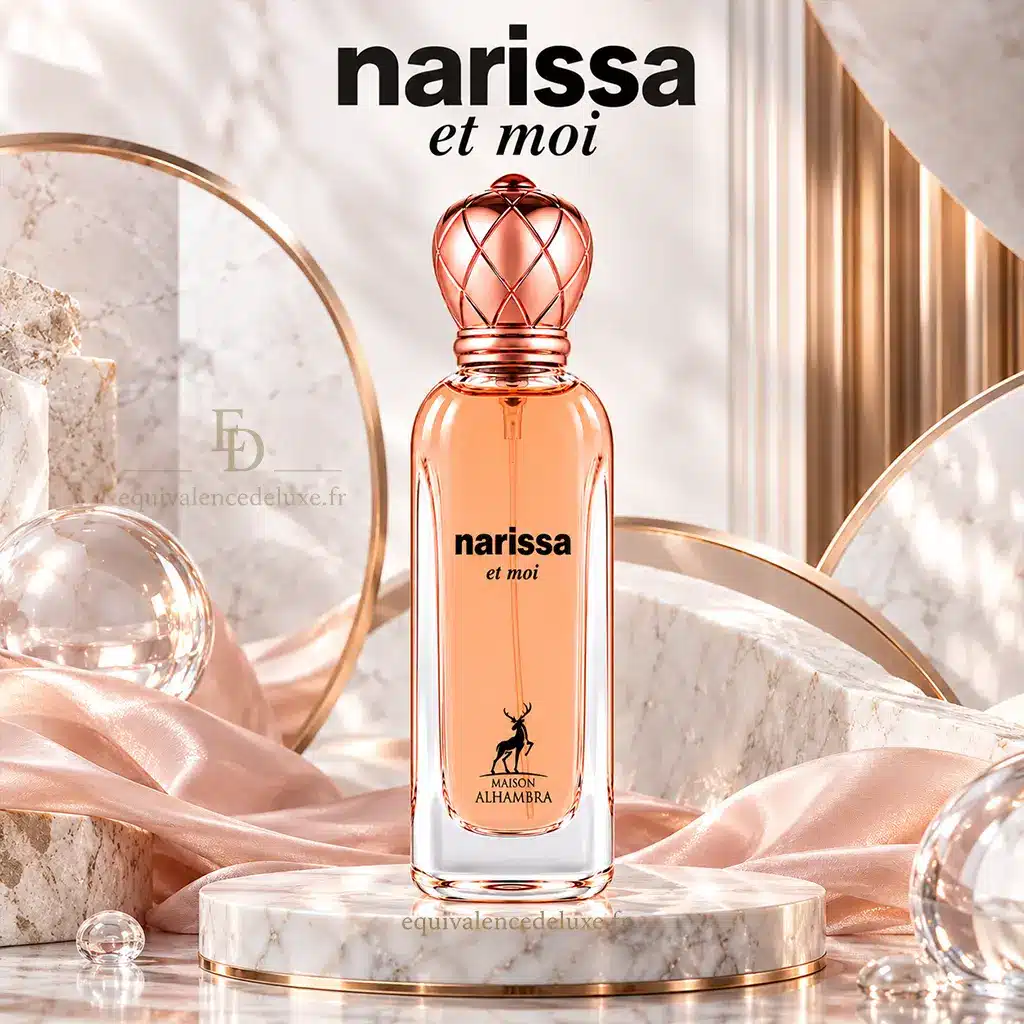 Narissa et Moi – Maison Alhambra – Eau de Parfum Femme 100 ml 3 Flacon Narissa et Moi Maison Alhambra rose pêche sur socle en marbre et décor élégant