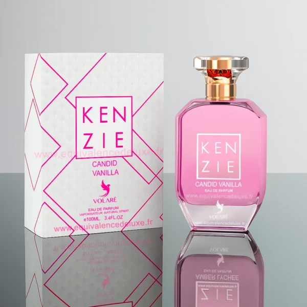 Flacon parfum femme Kenzie Candid Vanilla 100 ml – bouteille rose transparent, capuchon doré, encadrée de poires et gousses de vanille.