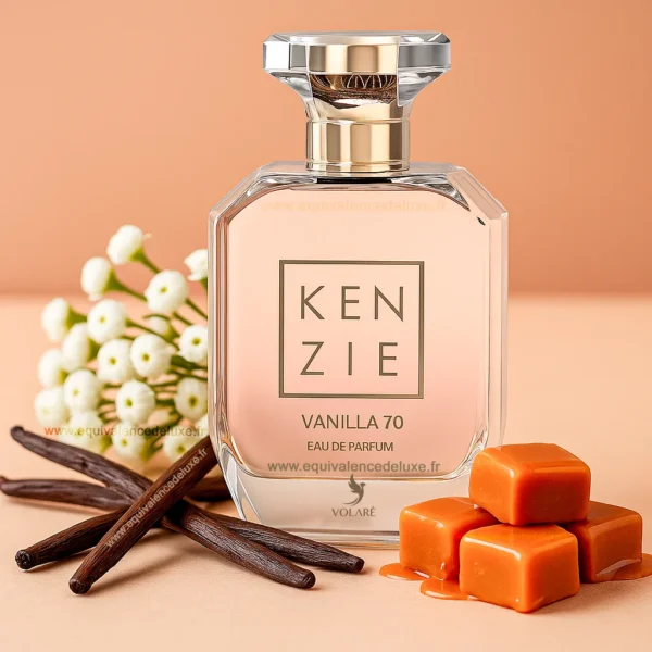Flacon Kenzie Vanilla 70 100 ml avec boîte blanche et motifs or – style épuré, élégant, prêt à offrir.