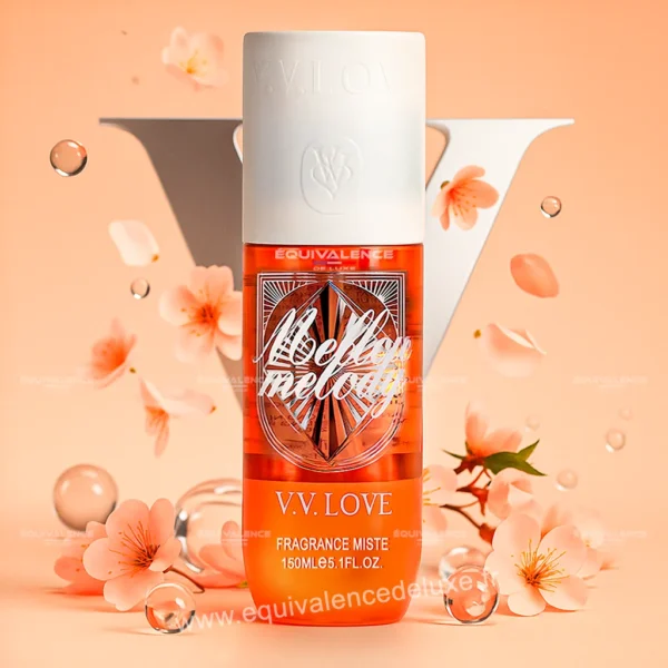 Image de la brume femme V.V. Love Mellow Melody 150 ml, au parfum fruité et gourmand de pêche, agrumes, vanille et musc doux.