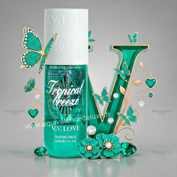 Image de la brume femme V.V. Love Tropical Breeze 150 ml, au parfum tropical doux mêlant fruits exotiques et vanille chaleureuse.