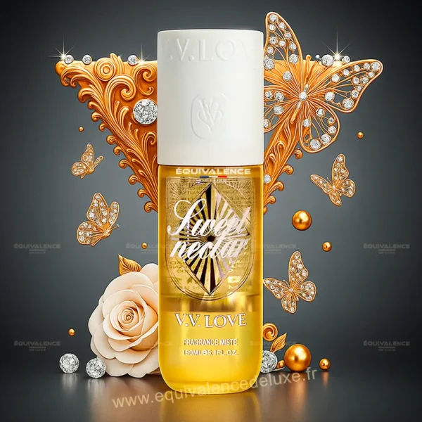 Image de la brume parfumée femme V.V. Love Sweet Nectar 150 ml, au parfum fruité et sucré de pêche juteuse, miel gourmand et fleur de cerisier.