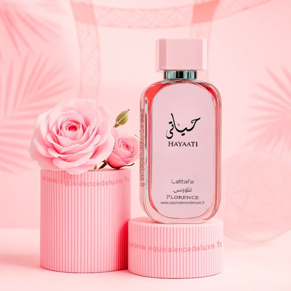 Parfum femme Hayati Florence 100ml – flacon rose élégant avec décor floral Lattafa