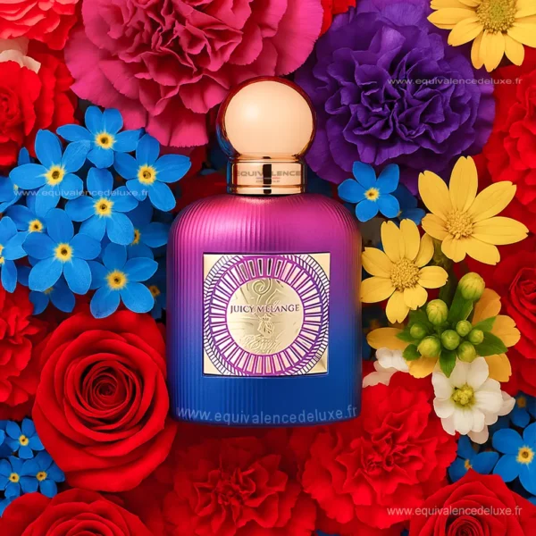 Flacon de parfum Juicy Melange 100ml – entouré de fleurs colorées, baies et pétales exotiques