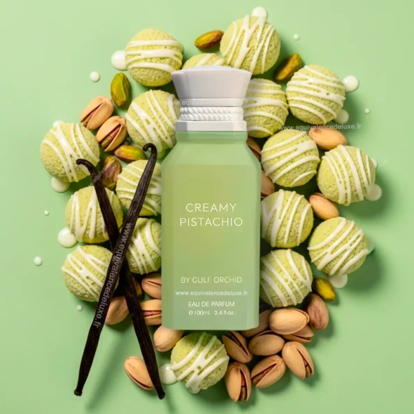 Flacon parfum femme Creamy Pistachio 100ml by Gulf Orchid – eau de parfum gourmande pistache vanille image avec ingedient pour notes de parfum gourmand