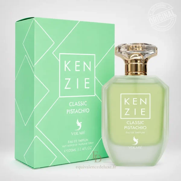Flacon vert pastel Kenzie Classic Pistachio Volaré Eau de Parfum 100 ml avec boîte verte assortie