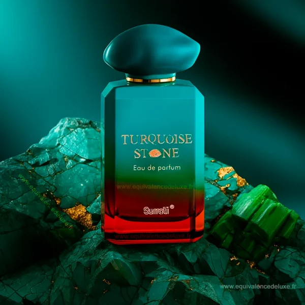 Flacon du parfum Turquoise Stone De Surrati sur fond de pierre précieuse émeraude