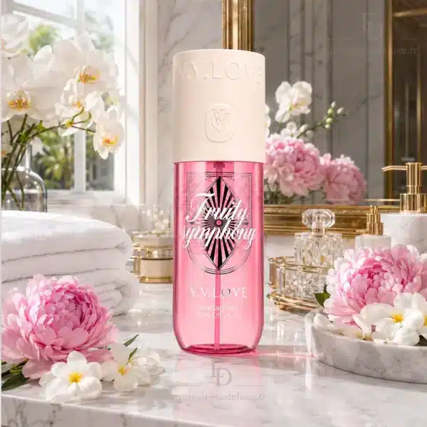 fruity-symphony-v-v-love-brume-fruitee-florale Fruity Symphony V.V. Love, brume parfumée femme 150 ml présentée dans une salle de bain élégante pour une utilisation quotidienne.