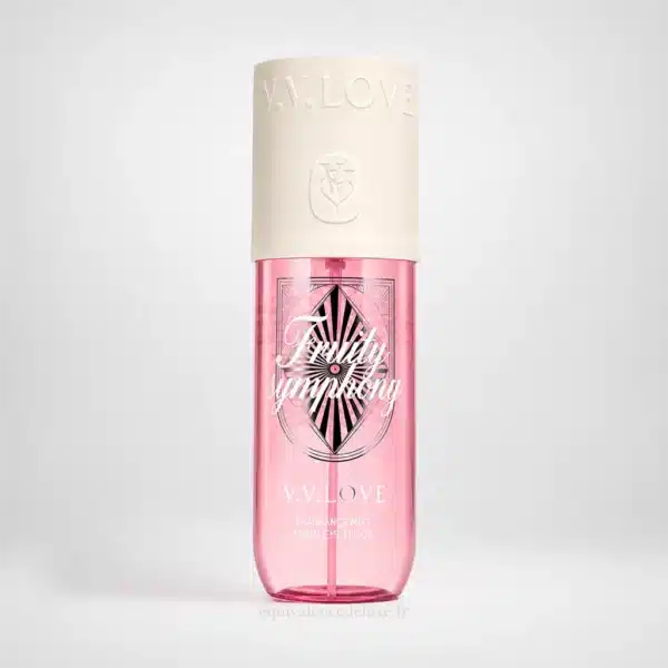 Brume parfumée Fruity Symphony de V.V. Love 150 ml pour femme sur fond blanc, fragrance fruitée florale exotique.