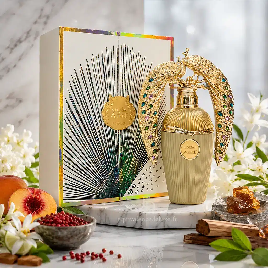 Afeef – Eau de Parfum Orientale Mixte 100 ml par Lattafa 4 Afeef Lattafa 100 ml avec flacon doré orné de paons et coffret