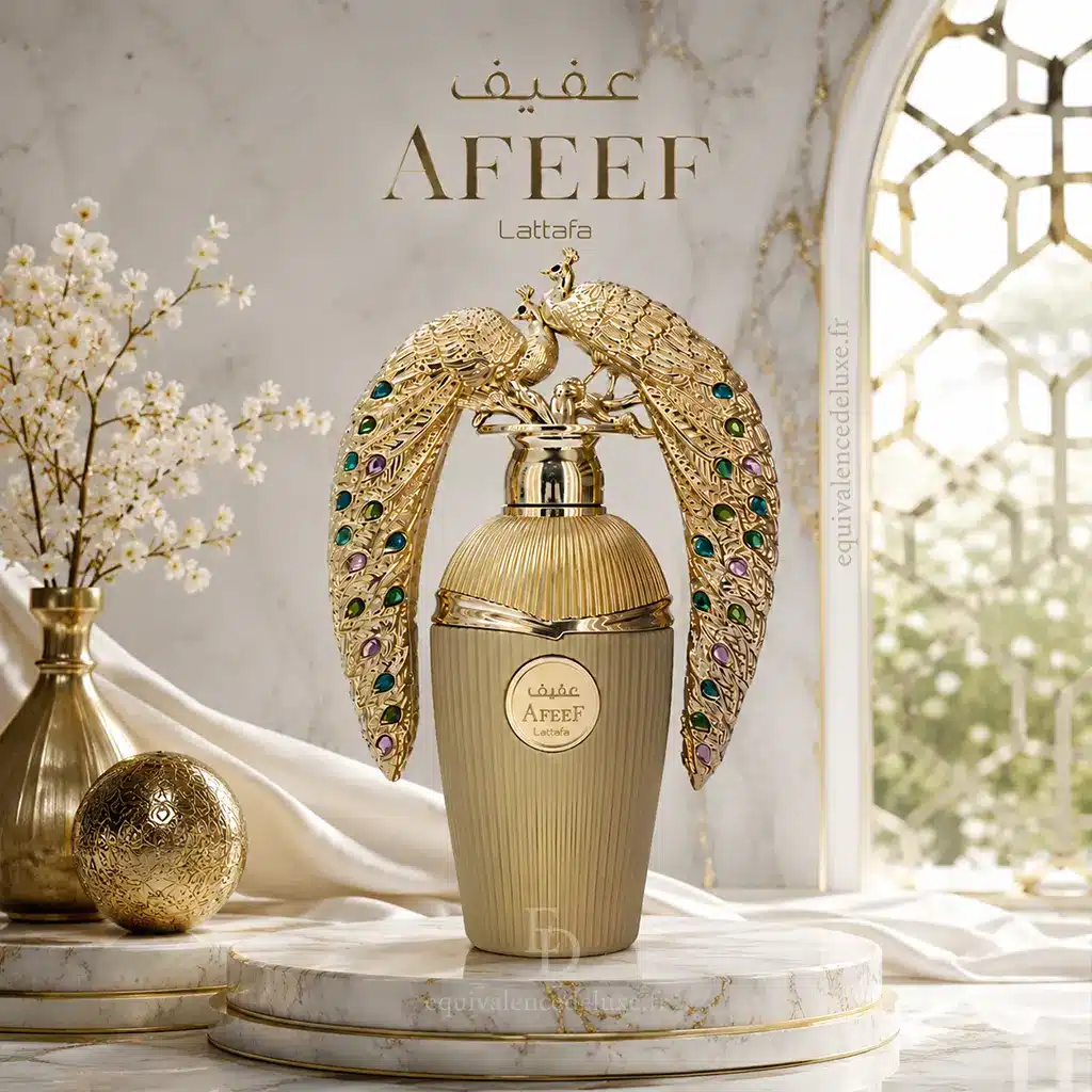 Afeef – Eau de Parfum Orientale Mixte 100 ml par Lattafa 3 Afeef Lattafa avec flacon et coffret dans un décor de pêche, fleurs blanches, ambre et bois