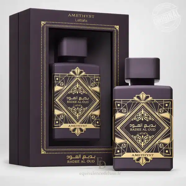 Flacon violet Badee Al Oud Amethyst Lattafa 100 ml avec boîte violette et ornements dorés