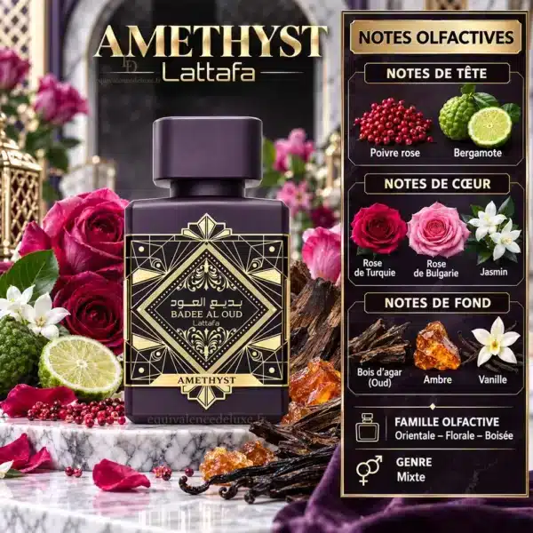 Pyramide olfactive Amethyst Lattafa avec poivre rose, bergamote, roses, jasmin, oud, ambre et vanille