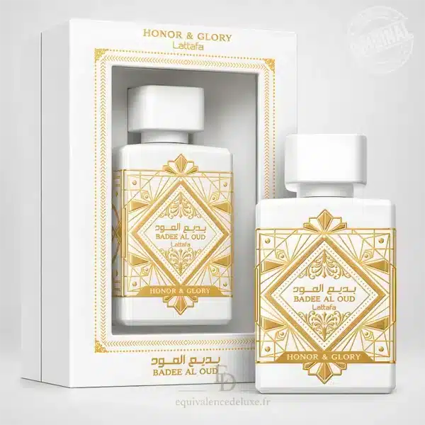 Flacon blanc et or Badee Al Oud Honor & Glory Lattafa avec coffret assorti et motifs géométriques dorés
