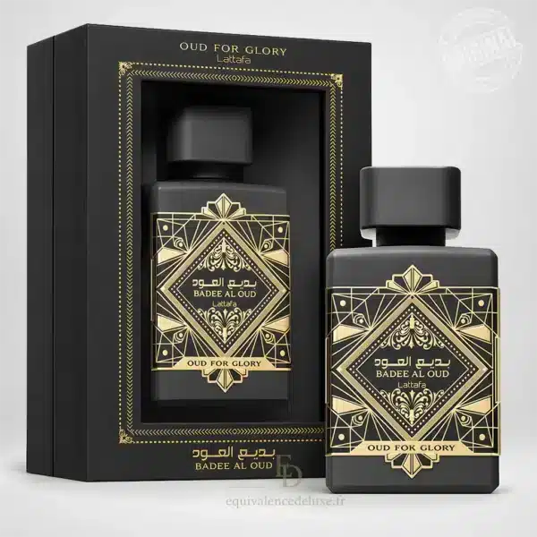 Flacon noir Badee Al Oud Oud For Glory Lattafa avec motifs dorés et coffret noir assorti