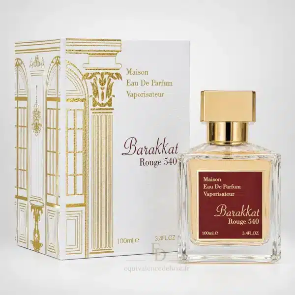 Flacon Barakkat Rouge 540 entouré de safran, jasmin, cèdre, résine de sapin et bois secs