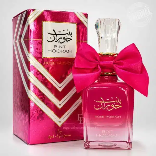 Flacon rose Bint Hooran Rose Passion Ard Al Zaafaran avec nœud fuchsia, bouchon transparent et boîte assortie