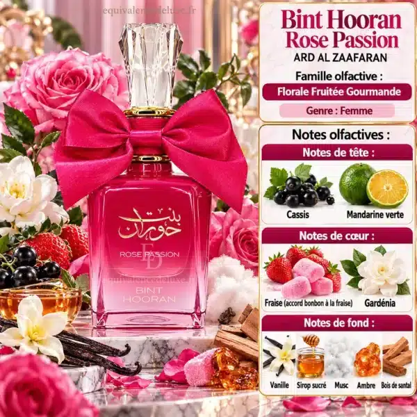Notes de Bint Hooran Rose Passion : cassis, mandarine verte, fraise, gardénia, vanille, musc, ambre et santal