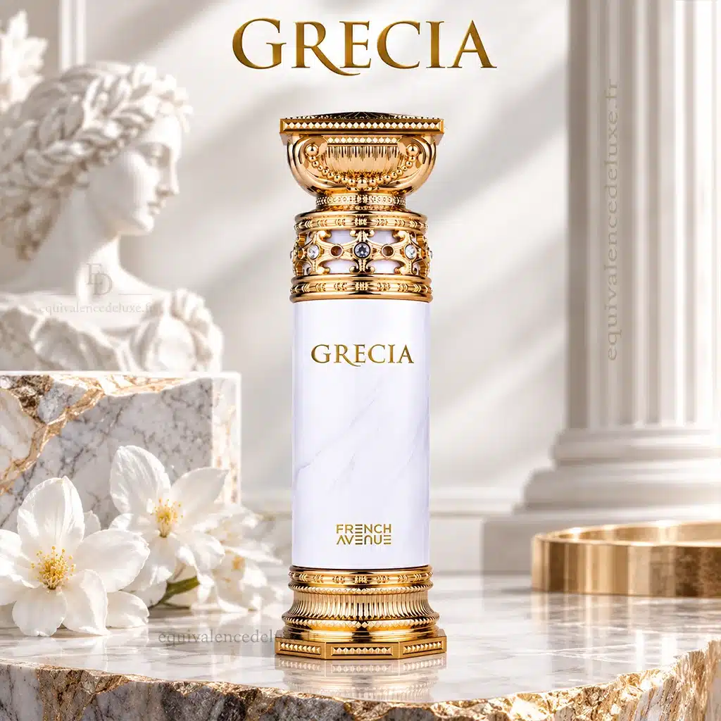 Grecia – Parfum musqué floral mixte 100 ml 3 Grecia French Avenue Extrait de Parfum mixte 100 ml avec flacon blanc doré et coffret