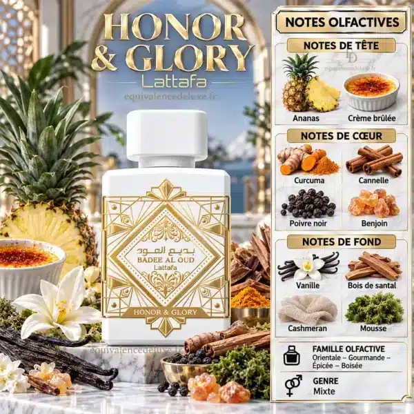 Honor & Glory Lattafa – Pyramide Olfactive Notes du parfum Honor & Glory Lattafa : ananas, crème brûlée, curcuma, cannelle, poivre noir, benjoin, vanille, santal, cashmeran et mousse
