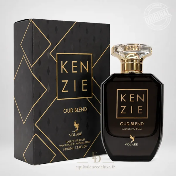 Flacon noir Kenzie Oud Blend Volaré avec détails dorés dans un décor luxueux de bois de oud, pierre sombre et fumée légère