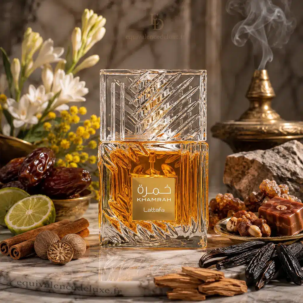 Parfum Khamrah – Eau de Parfum Oriental Mixte 100 ml – Lattafa 3 Khamrah Lattafa 100 ml avec boîte noire dans un décor oriental de cannelle, dattes, vanille, résines et bois