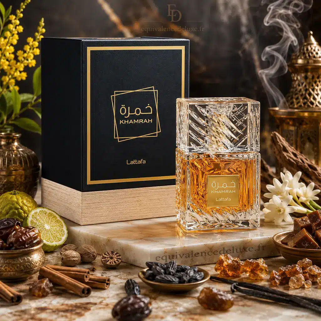 Parfum Khamrah – Eau de Parfum Oriental Mixte 100 ml – Lattafa 4 Flacon Khamrah Lattafa entouré de dattes, cannelle, noix de muscade, praliné, vanille et bois
