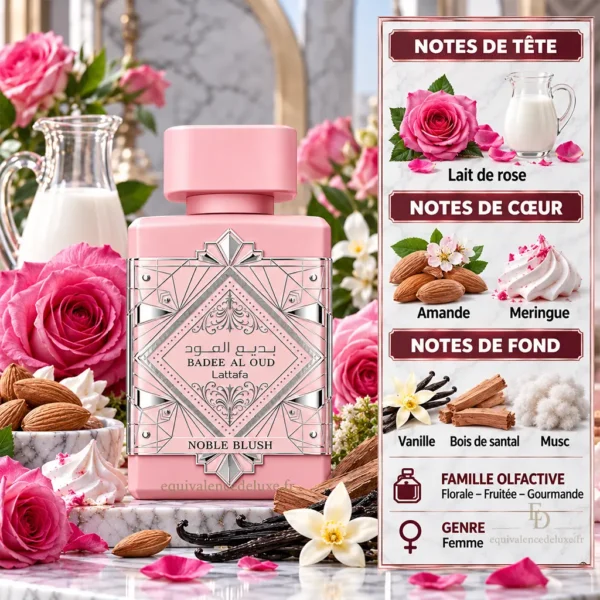 Noble Blush Lattafa – Notes Olfactives Pyramide olfactive Noble Blush Lattafa avec lait de rose, amande, meringue, vanille, bois de santal et musc