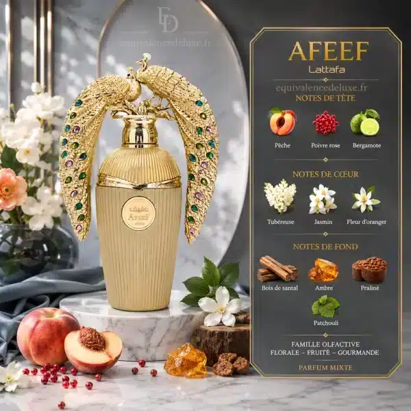 Notes Olfactives Afeef Lattafa Notes olfactives Afeef Lattafa avec pêche, poivre rose, bergamote, tubéreuse, jasmin, fleur d'oranger, santal, ambre, praliné et patchouli