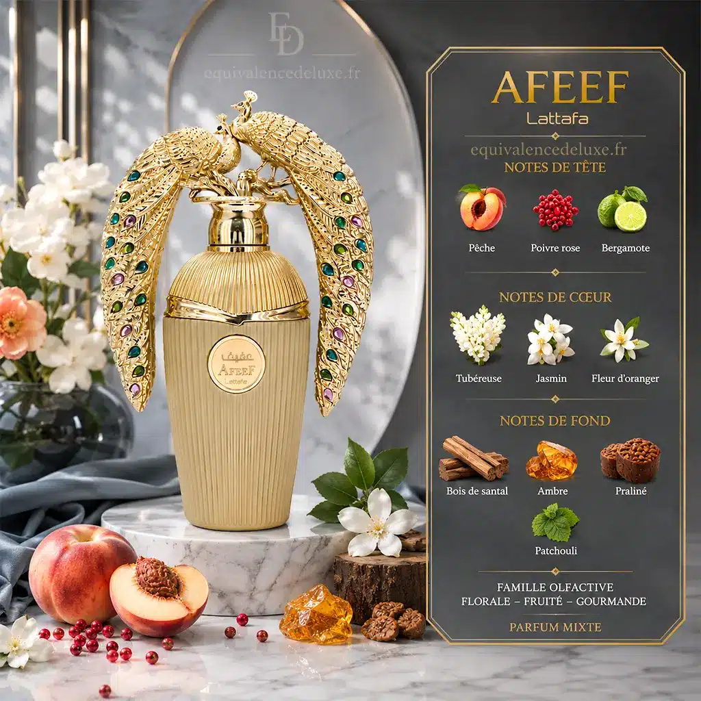 Afeef – Eau de Parfum Orientale Mixte 100 ml par Lattafa 2 Notes olfactives Afeef Lattafa avec pêche, poivre rose, bergamote, tubéreuse, jasmin, fleur d'oranger, santal, ambre, praliné et patchouli