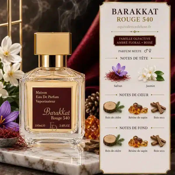 Notes Olfactives Barakkat Rouge 540 Notes de Barakkat Rouge 540 avec safran, jasmin, bois de cèdre, résine de sapin et bois secs