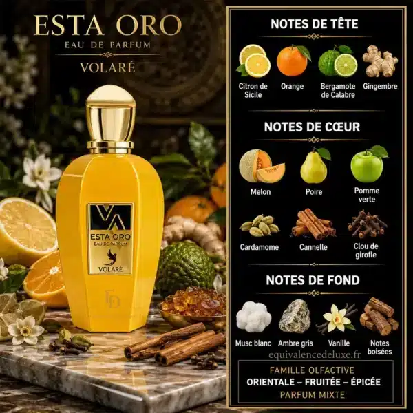 Notes olfactives Esta Oro Volaré avec agrumes, gingembre, fruits, épices, vanille, musc blanc et ambre gris