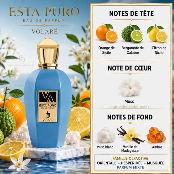 Notes olfactives Esta Puro Volaré avec orange de Sicile, bergamote de Calabre, citron, musc, vanille et ambre