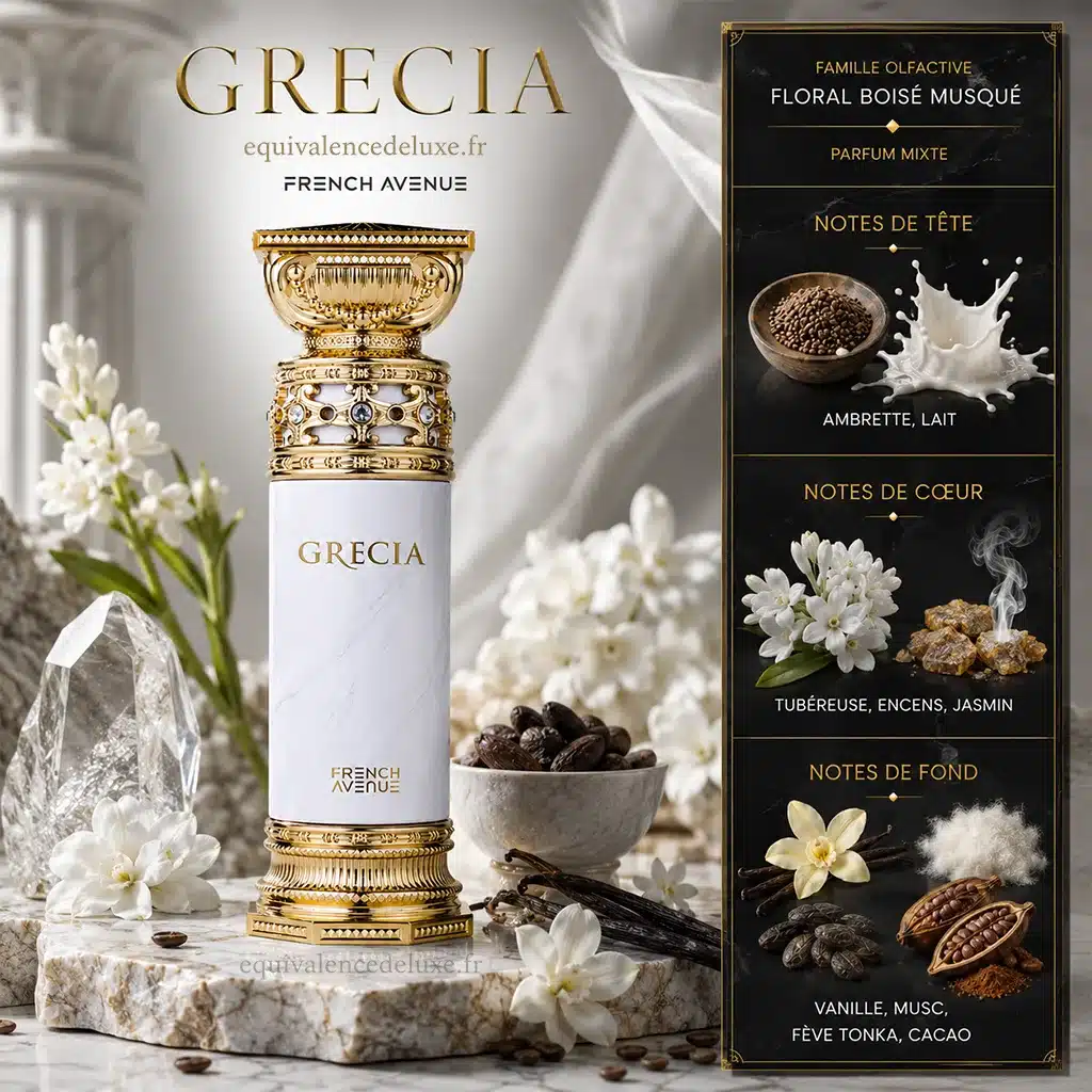 Grecia – Parfum musqué floral mixte 100 ml 2 Notes olfactives Grecia French Avenue avec ambrette, lait, tubéreuse, encens, jasmin, vanille, musc, fève tonka et cacao