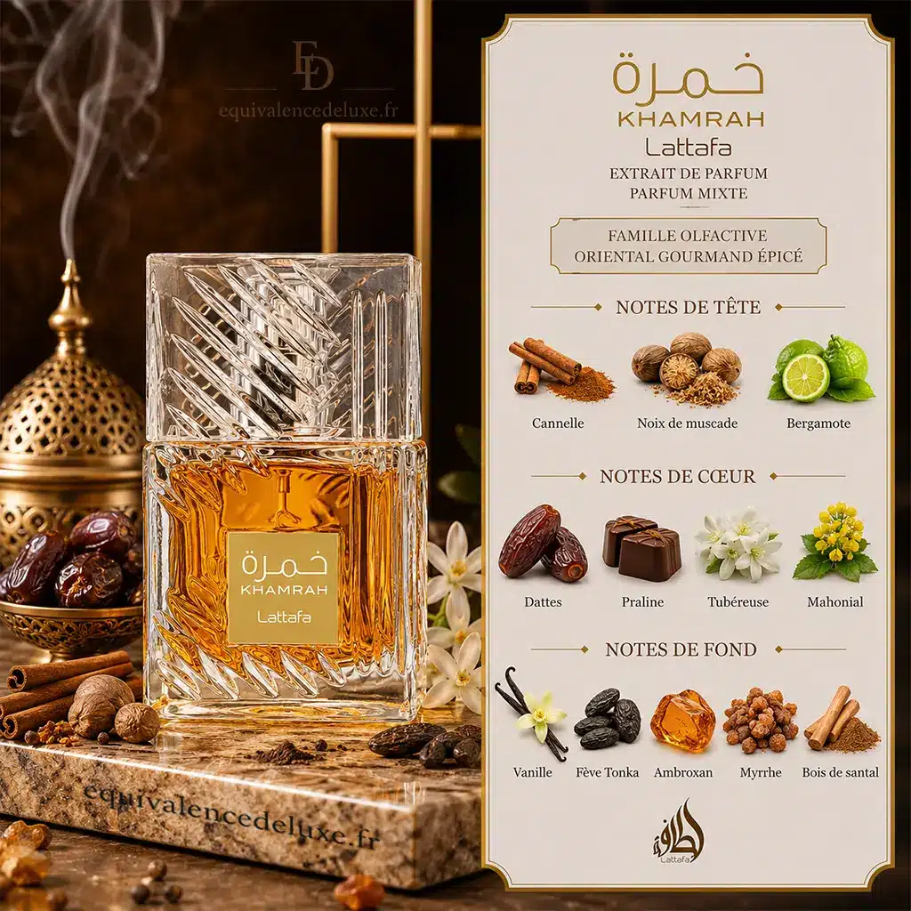 Parfum Khamrah – Eau de Parfum Oriental Mixte 100 ml – Lattafa 2 Notes de Khamrah Lattafa avec cannelle, noix de muscade, bergamote, dattes, praliné, tubéreuse, vanille et tonka