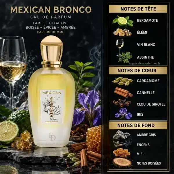 Notes Olfactives Mexican Bronco Volaré Notes olfactives Mexican Bronco Volaré avec bergamote, élémi, vin blanc, épices, miel, encens et ambre gris