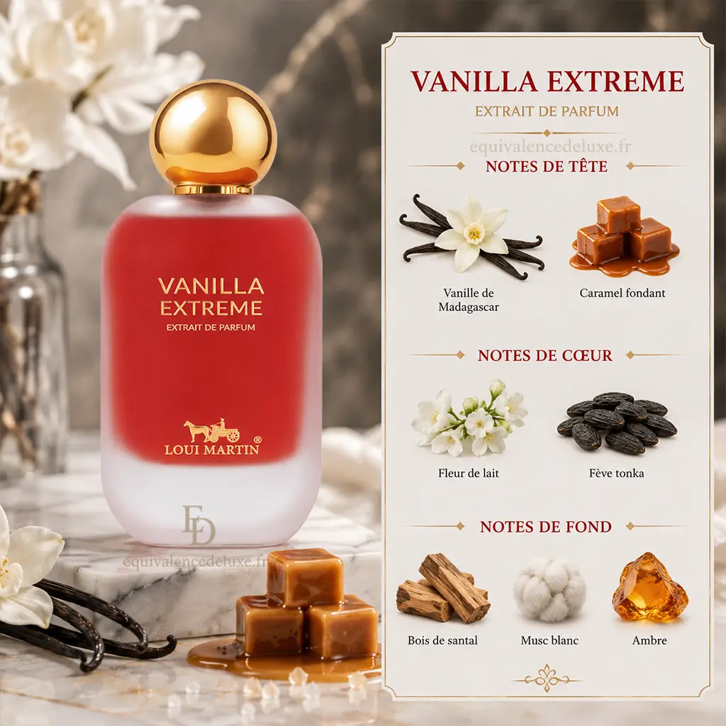 Extrait de Parfum Vanilla Extreme – Loui Martin – Sillage Gourmand et Envoûtant 2 Notes olfactives Vanilla Extreme Loui Martin avec vanille de Madagascar, caramel, fleur de lait, fève tonka, santal, musc blanc et ambre