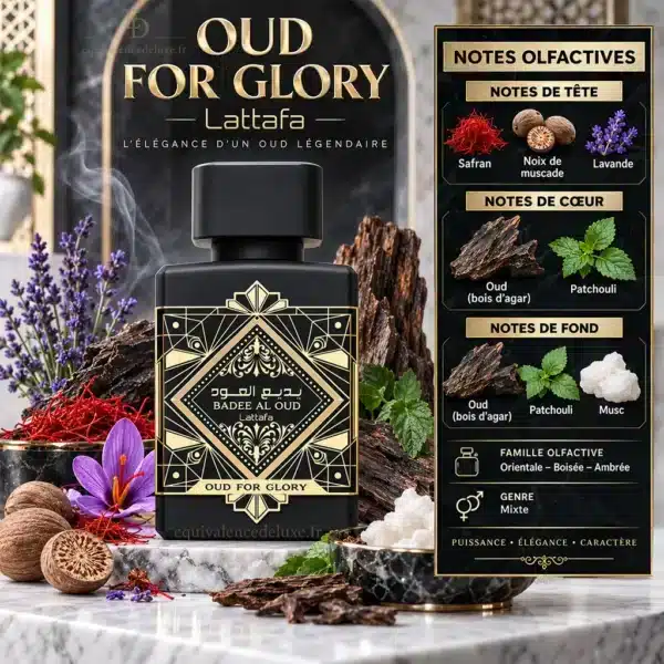 Oud For Glory Lattafa – Notes Olfactives Pyramide olfactive Oud For Glory Lattafa avec safran, noix de muscade, lavande, bois de oud, patchouli et musc