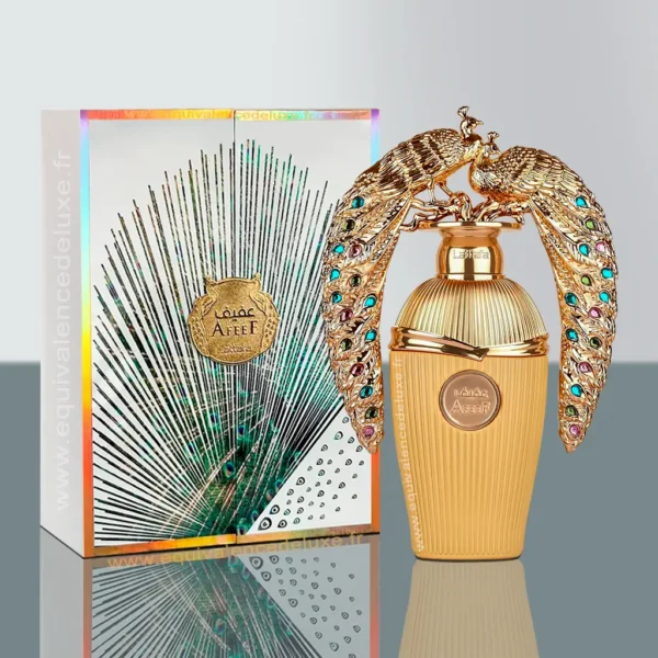 Flacon doré ideal cadeau du parfum Afeef Lattafa en100 ml – parfum oriental floral mixte au design luxueux- creation dubai originale