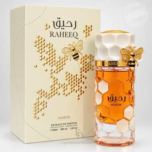 Flacon ambré Raheeq Nusuk 100 ml avec motifs en alvéoles, bouchon ivoire, abeille dorée et coffret assorti