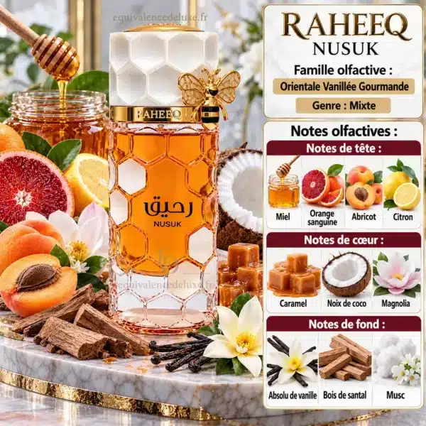 Pyramide olfactive Raheeq Nusuk avec miel, orange sanguine, abricot, citron, caramel, noix de coco, magnolia, vanille, santal et musc