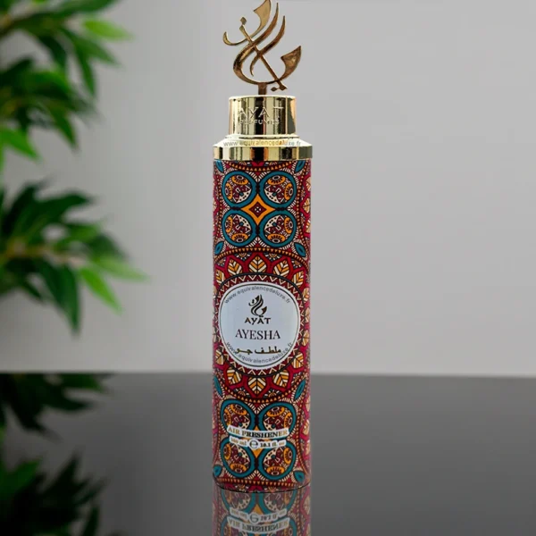 Flacon du spray Ayesha 300 ml aux motifs orientaux rouges et dorés – désodorisant maison parfumé