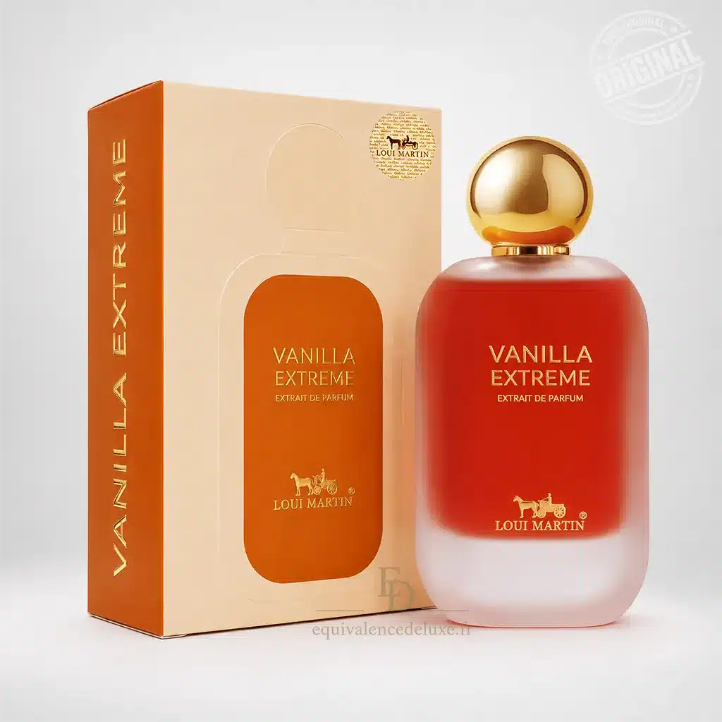 Extrait de Parfum Vanilla Extreme – Loui Martin – Sillage Gourmand et Envoûtant 1 Vanilla Extreme Loui Martin Extrait de Parfum avec flacon rouge dégradé, bouchon doré et coffret