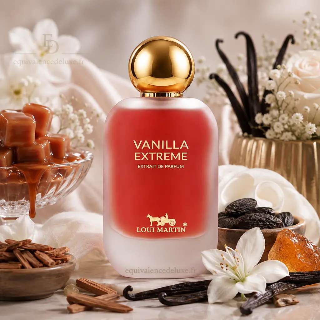 Extrait de Parfum Vanilla Extreme – Loui Martin – Sillage Gourmand et Envoûtant 4 Vanilla Extreme Loui Martin avec coffret, flacon, gousses de vanille, caramel et bois dans un décor gourmand premium