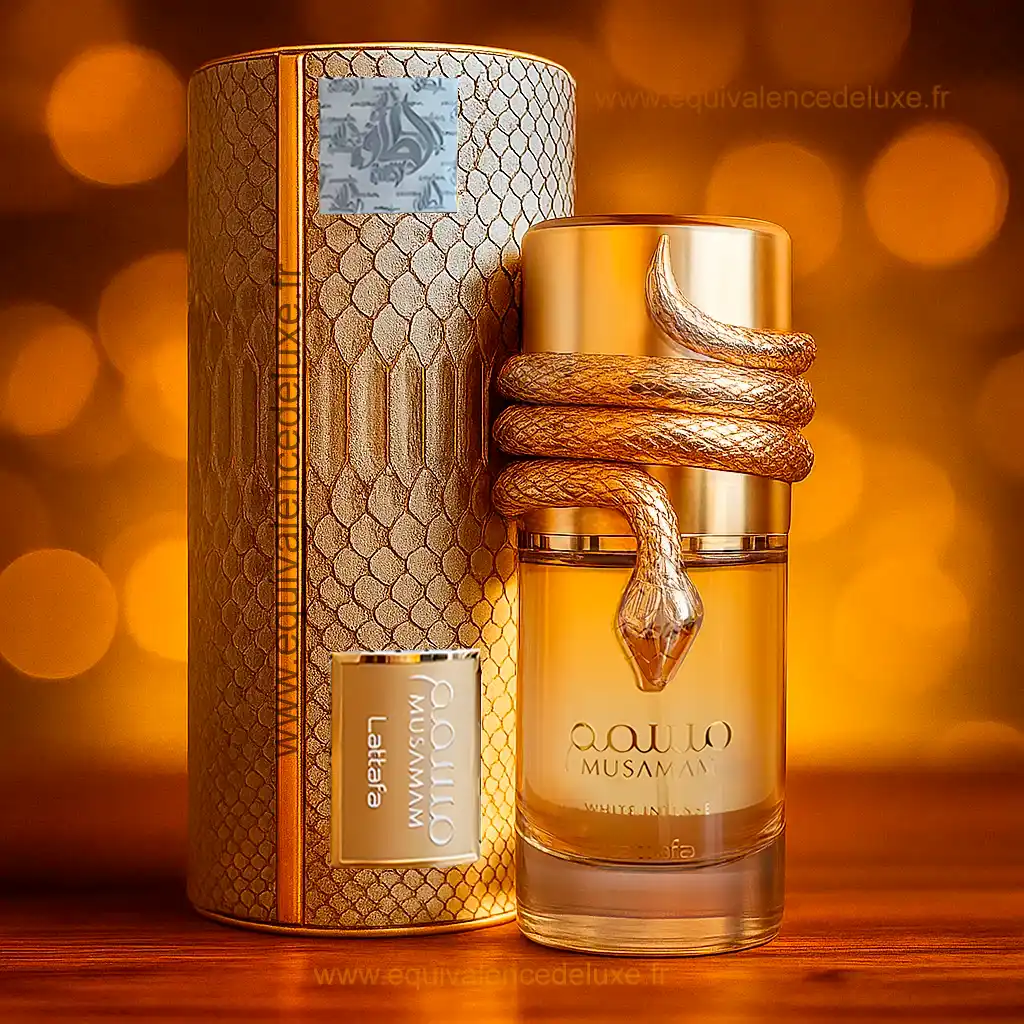 Musamam White Intense – Une signature florale et orientale envoûtante 3 Parfum Musamem White Intense Lattafa flacon doré serpent