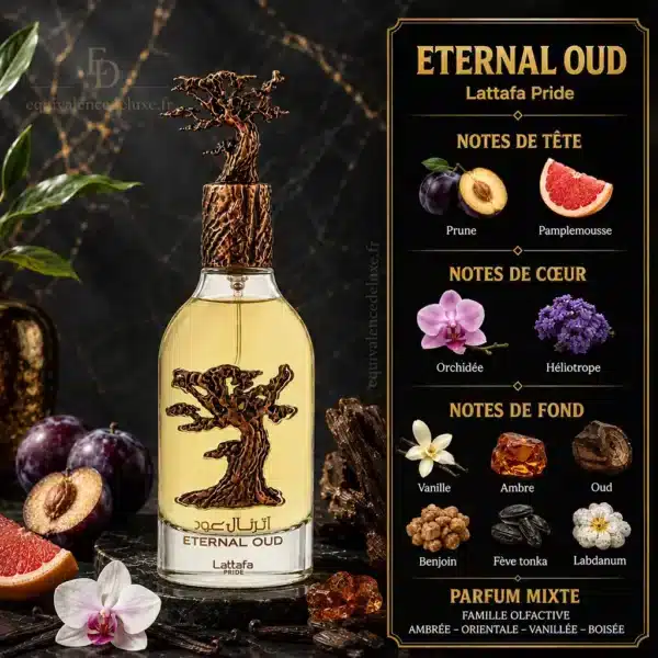 Notes olfactives Eternal Oud Lattafa avec prune, pamplemousse, orchidée, héliotrope, vanille, ambre, oud, benjoin, fève tonka et labdanum