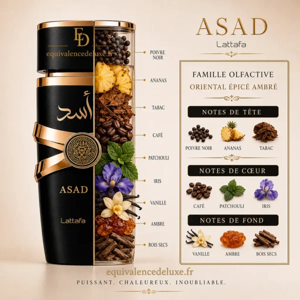 Asad Lattafa Eau de Parfum 100 ml avec ingrédients et notes olfactives Flacon Asad Lattafa Eau de Parfum 100 ml avec café, vanille, poivre noir, tabac, ananas et ingrédients de sa composition olfactive