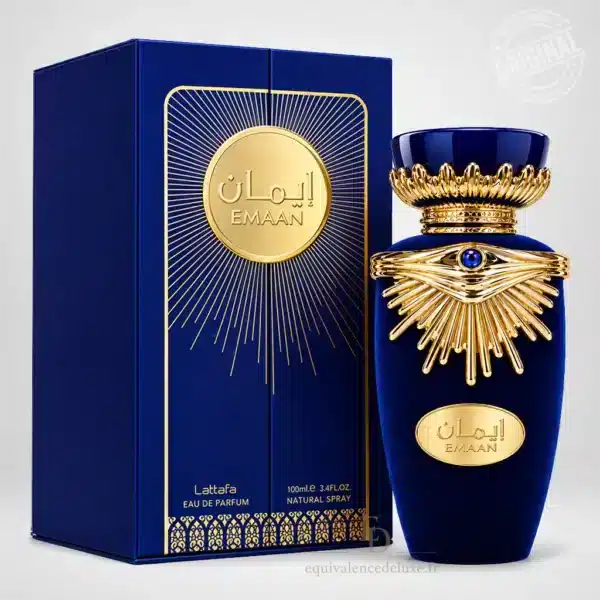 Flacon bleu royal Emaan Lattafa 100 ml avec ornements dorés et coffret bleu et or