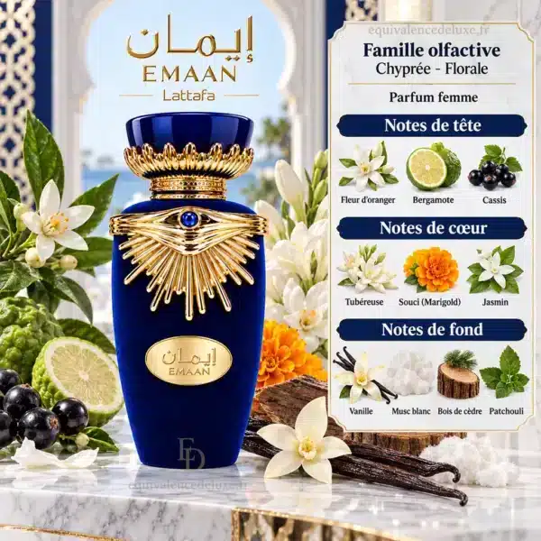 Emaan Lattafa – Pyramide Olfactive Notes du parfum Emaan Lattafa : fleur d'oranger, bergamote, cassis, tubéreuse, souci, jasmin, vanille, musc, cèdre et patchouli